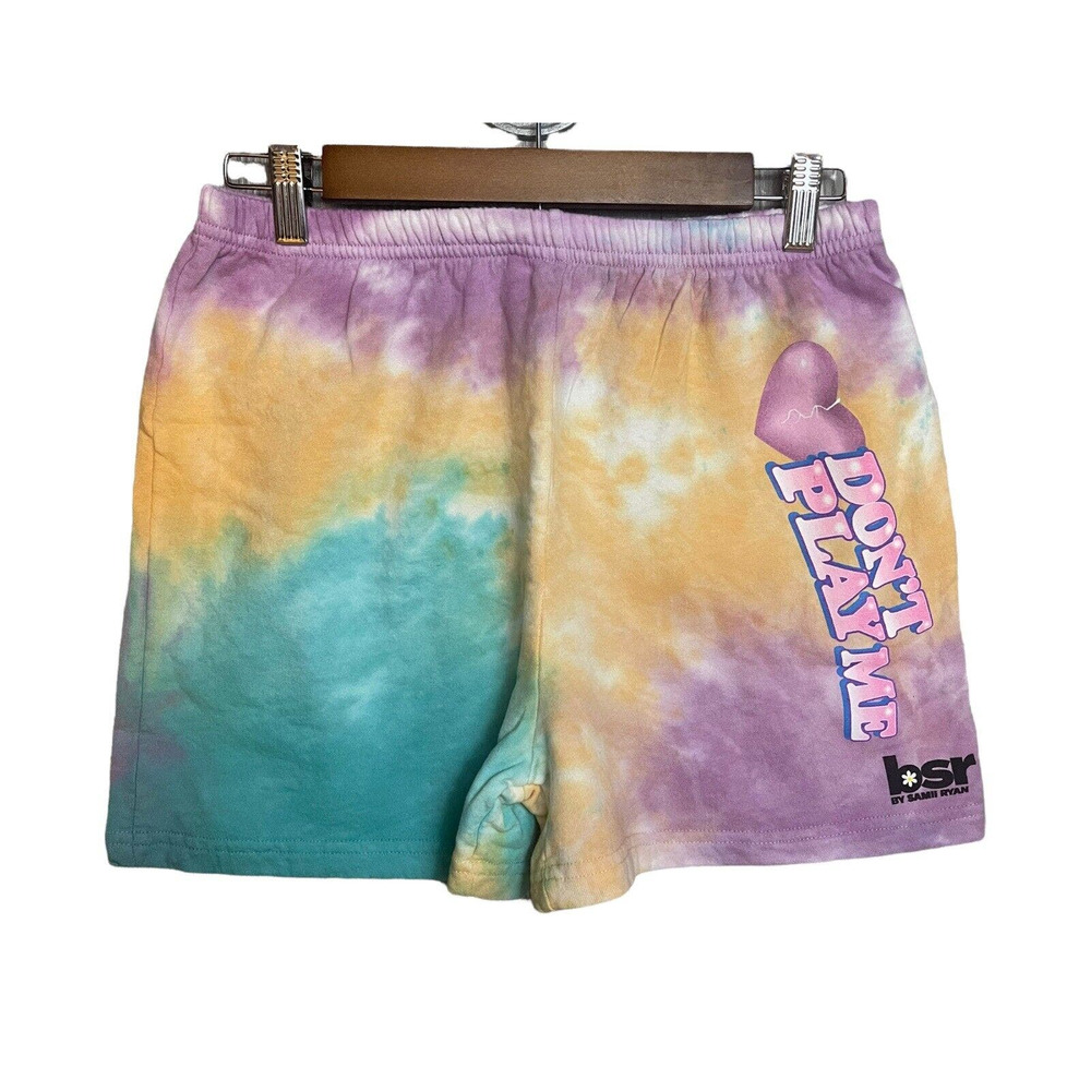 By Samii Ryan Orange Purple and Blue "Don't Play Me" Tie Dye Sweat Shorts Size L - Picture 2 of 7